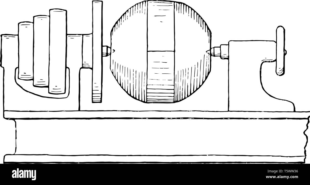 Cette illustration représente la façon de créer une boule en faisant tourner le régulateur centrifuge lathe, vintage dessin ou gravure illustration. Illustration de Vecteur