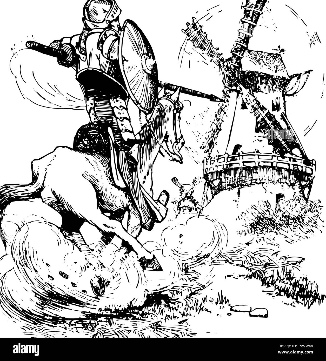 Don Quichotte cette scène montre un cheval rider avec la lance et le bouclier et le moulin à côté de lui ou de dessin Ligne vintage illustration gravure Illustration de Vecteur