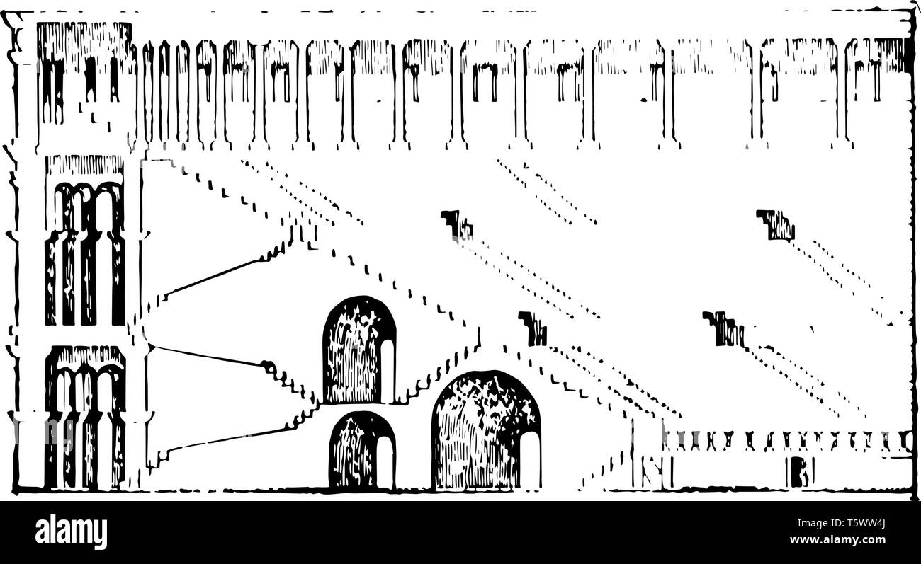 Amphithéâtre est un lieu ouvert à l'air utilisé pour le divertissement qu'il est ovale ou circulaire en ligne vintage plan ou dessin gravure illustration. Illustration de Vecteur