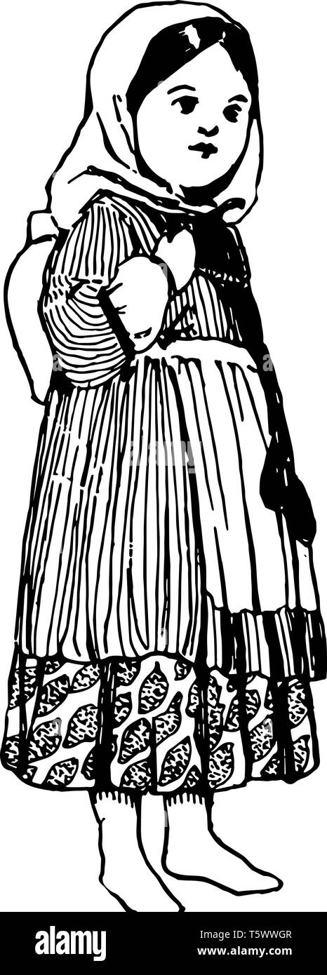 Poupée arménienne traditionnelle en costume national, vintage dessin ou gravure illustration. Illustration de Vecteur