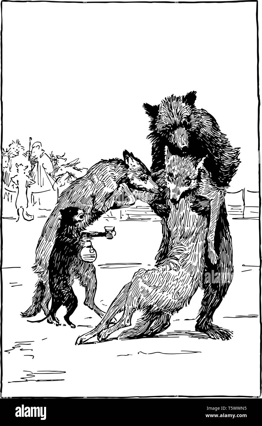 Reynard the Fox : Aider Isegrim cette scène montre la tenue de l'ours et le loup blessé à donner de l'eau cat wolf dans verre cat holding pot d'eau et d'autres anim Illustration de Vecteur