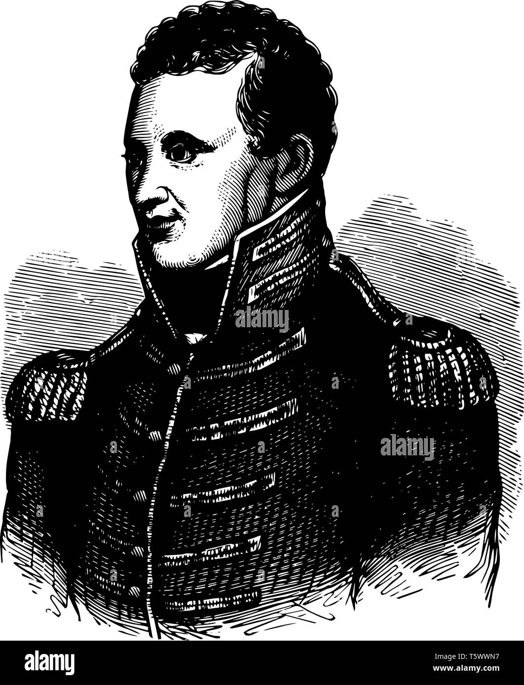 Zebulon Pike Montgomery 1779 à 1813 il était un explorateur et le brigadier-général américain vintage dessin ou gravure illustration Illustration de Vecteur