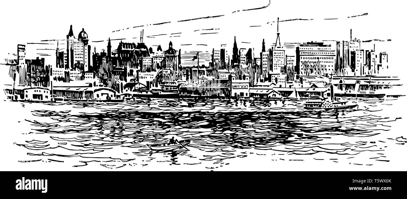 L'horizon de New York City en 1912 vintage dessin ou gravure illustration. Illustration de Vecteur