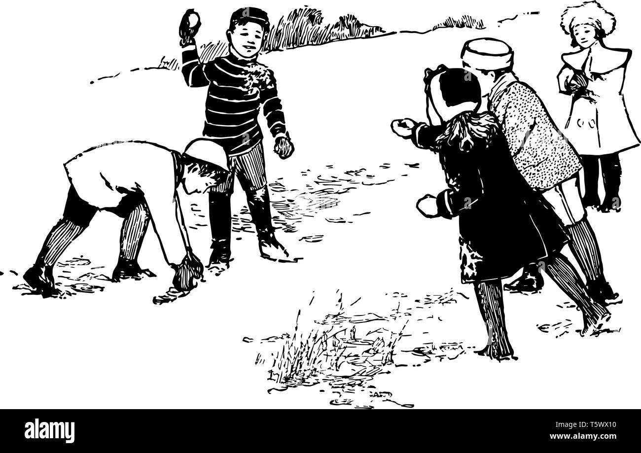 Les petits enfants font des snow ball et jetant l'un sur l'autre ligne vintage dessin ou gravure illustration. Illustration de Vecteur