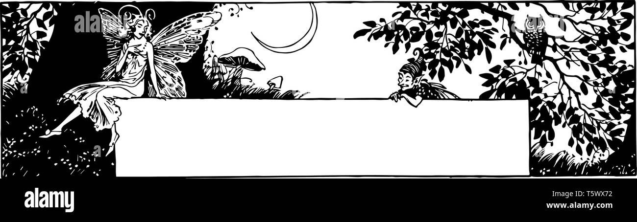 Assis près de Fairy Tree Banner ont un arbre et un hibou dans une branche d'arbre, dessin de ligne vintage ou gravure illustration. Illustration de Vecteur