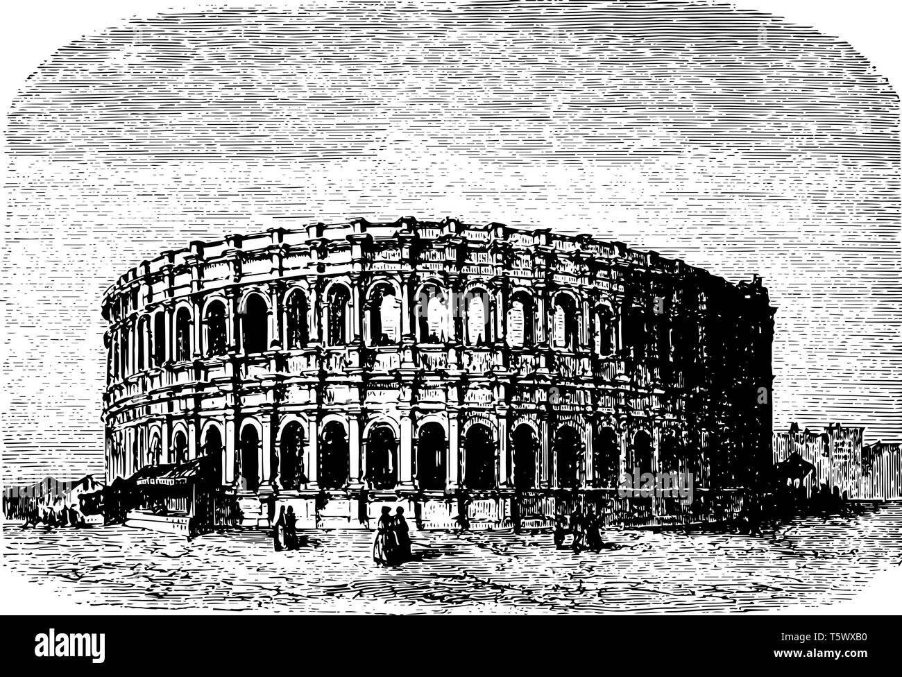 Les Arènes de Nîmes un amphithéâtre romain au cours de l'époque de l'Empereur César Auguste structure est conçue à l'intérieur d'un dessin de ligne vintage de suspension Illustration de Vecteur