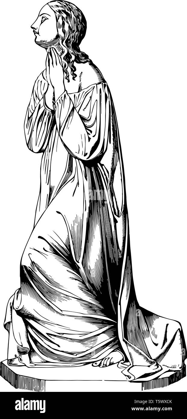 La prière du matin sculpture a été dépeint une femme qui prie vintage dessin ou gravure illustration. Illustration de Vecteur