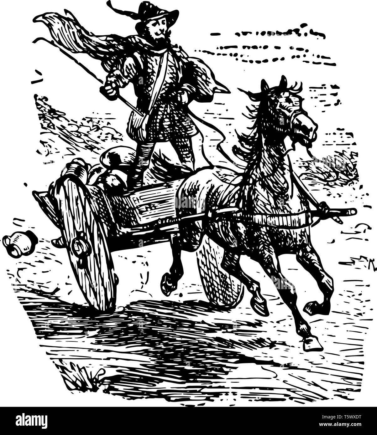 Un homme debout sur le cheval panier tenant un bâton dans sa main droite vintage dessin ou gravure illustration Illustration de Vecteur