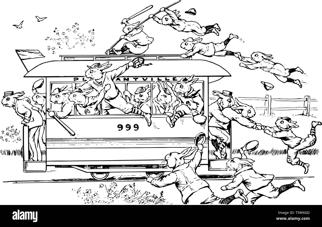 L'équipe de balle de lapin, cette scène montre des lapins dans les droits de l'habille de la capture d'un rue voiture, caps dans l'air, vintage dessin ou gravure illustration Illustration de Vecteur