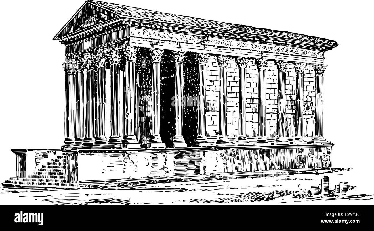 Un Temple Romain situé à Nîmes dans le sud de la France, connue sous le nom de la maison carrée La maison carrée vintage dessin ou gravure illustration. Illustration de Vecteur