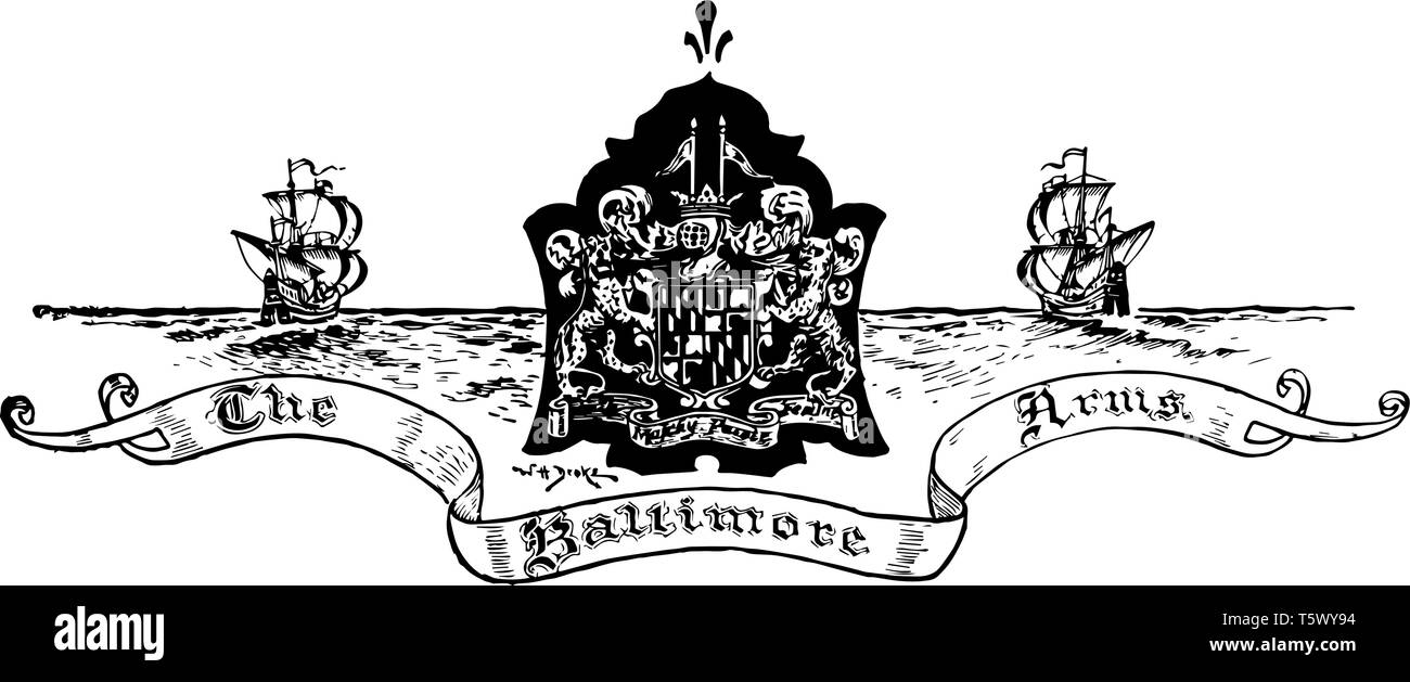 Le bras de Baltimore dans entre deux navires, il a la protection en milieu et deux animaux pour l'appui au-dessus du bouclier que deux drapeaux et deux navires à voile les deux t Illustration de Vecteur