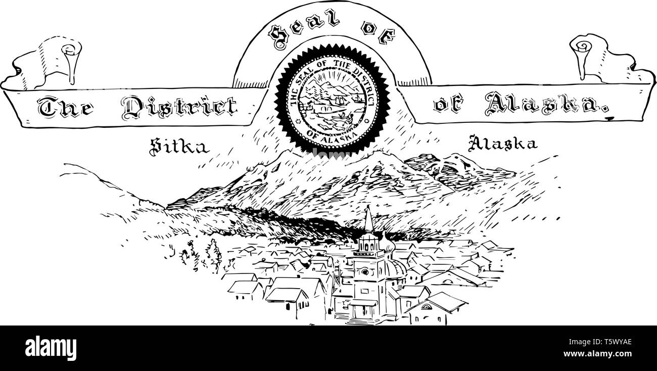 L'United States Joint du District de l'Alaska a joint cette petite ville derrière que les montagnes couvertes de neige au-dessus d'elle un drapeau qui se lit e Illustration de Vecteur