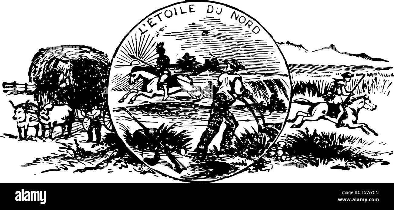 Le sceau officiel de l'État américain du Minnesota a joint cette charrette sur le côté gauche sur le côté droit un homme cheval d'équitation dans un centre d'équitation américaine Illustration de Vecteur