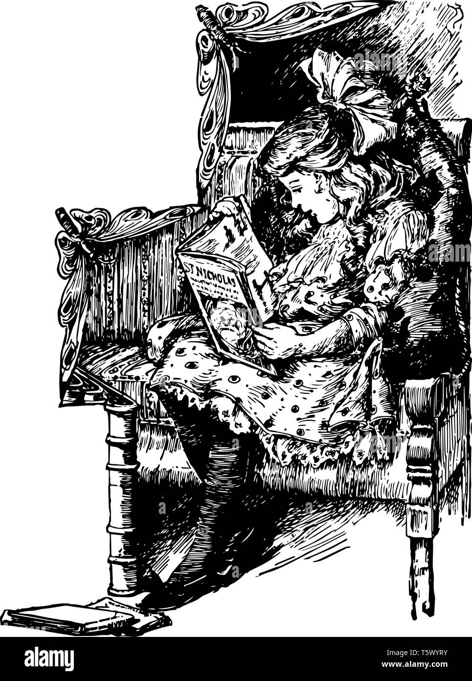 Fille assise sur un banc de la lecture d'un livre, enfant, femme, enfant, loisirs, littérature, assis, vintage dessin ou gravure illustration. Illustration de Vecteur