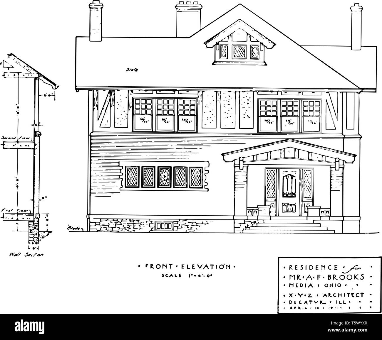 Front elevation résident des élévations des bâtiments résidentiels front elevation est une partie d'une conception scénique comme look vintage cultivés ou dessin de ligne engrav Illustration de Vecteur