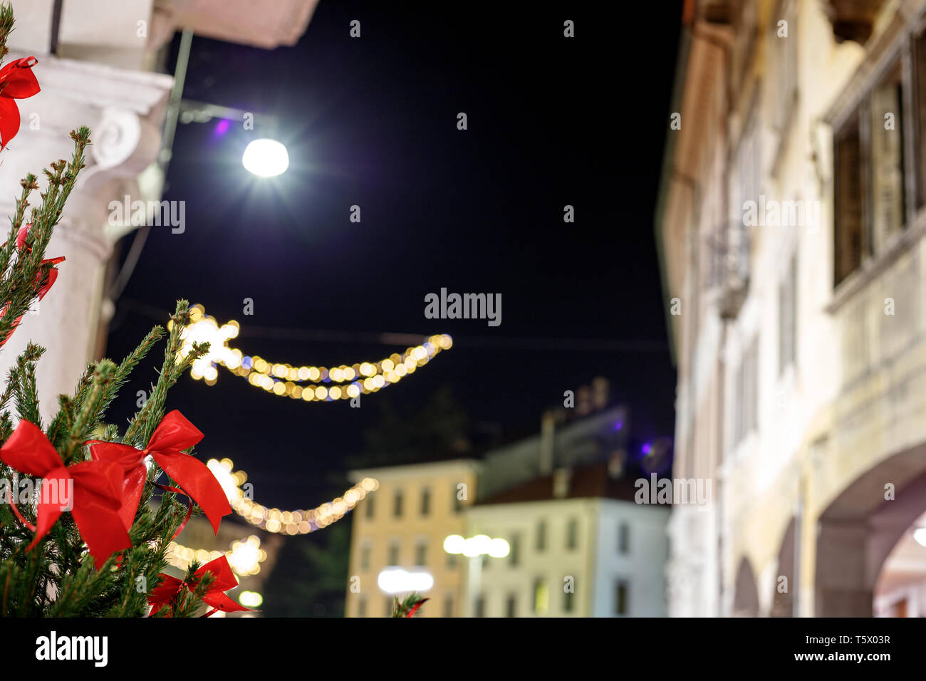 Belle vue d'une décoration de Noël plante dans un village italien de nuit Banque D'Images