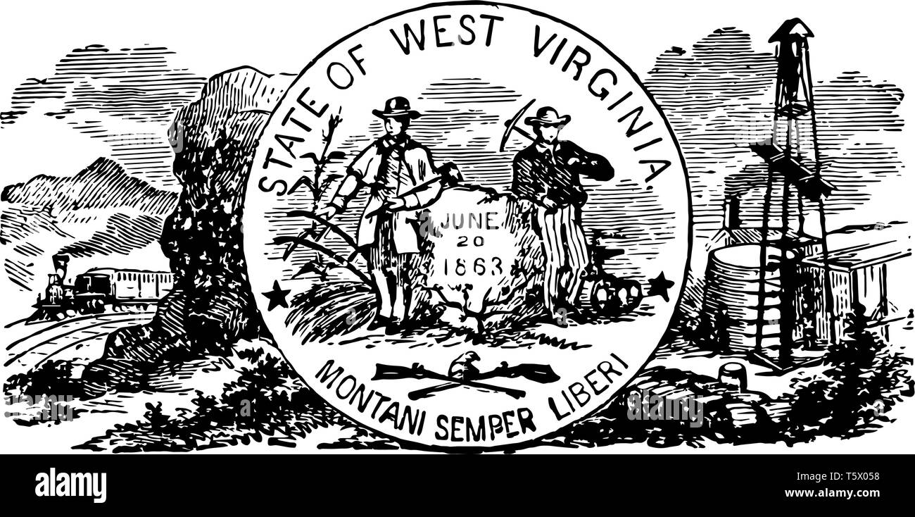Le sceau de l'état officiel aux États-Unis Virginie-occidentale ce joint a former ainsi en arrière-plan et deux hommes debout de chaque côté rock un homme tenant une hache Illustration de Vecteur