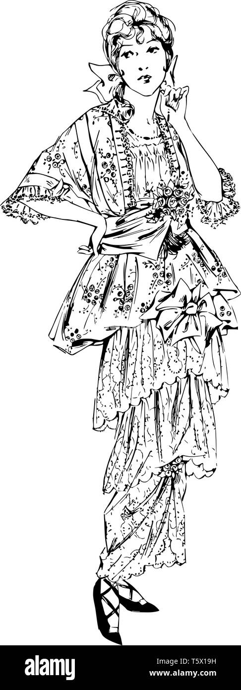 Au début du xxe siècle est conçu robe longue avec des couches de volants vintage dessin ou gravure illustration. Illustration de Vecteur