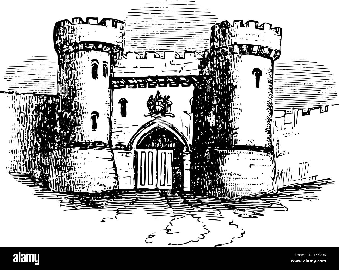 Barbican château pont-levis fortifier Watchtower vintage dessin ou gravure illustration Illustration de Vecteur