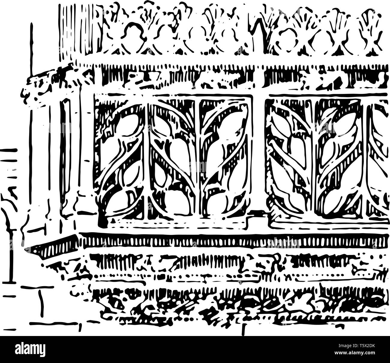 Balustrade balustrade flamboyante Chateau de Josselyn ornement gothique vintage gallery ClipArt dessin ou gravure illustration. Illustration de Vecteur