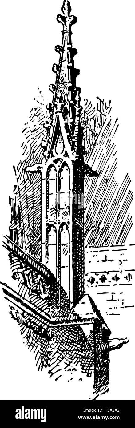 La cathédrale York Minster Buttress Pinnacle à York, en Angleterre, des ornements architecturaux, appuyé par les murs étayés, vintage ou dessin de ligne engravi Illustration de Vecteur