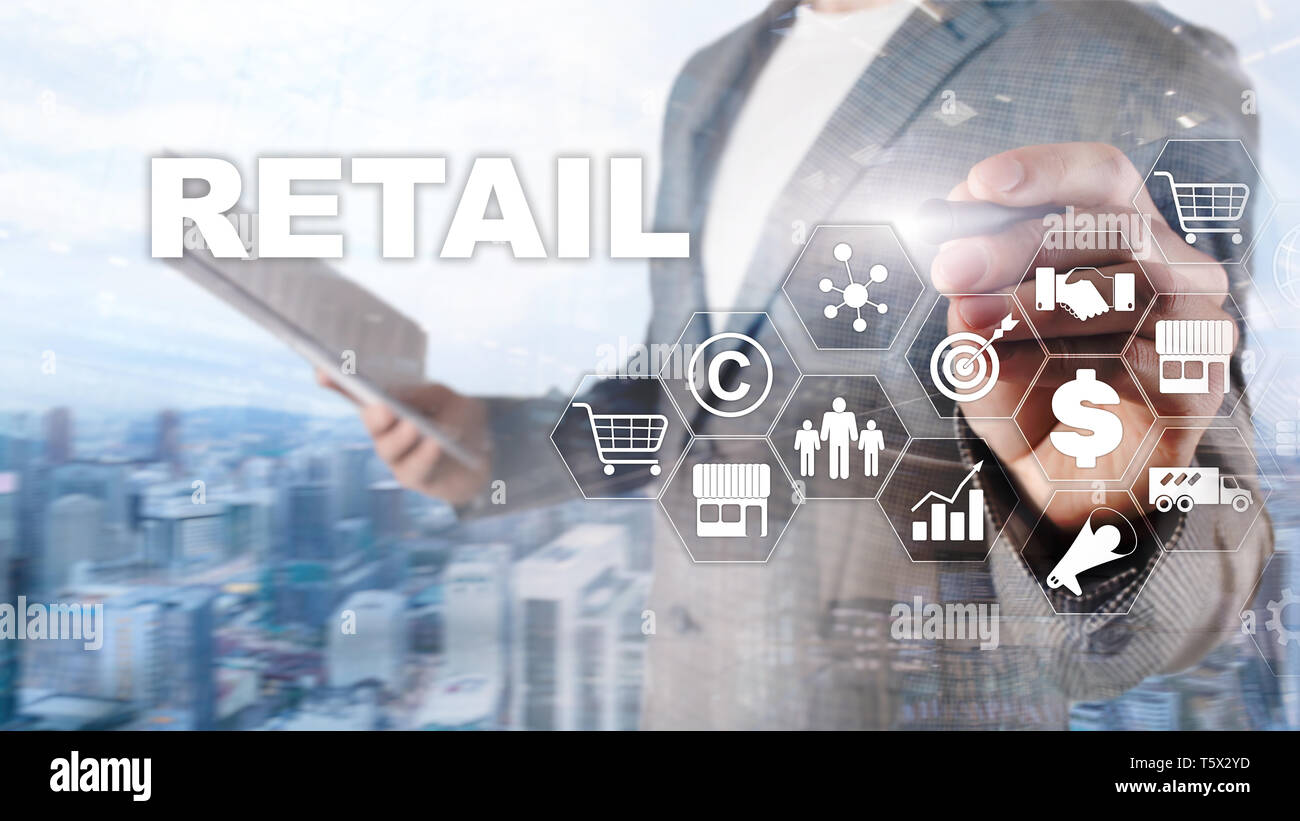 La technologie de vente au détail d'achats Communication Concept L'écran virtuel. Gestion des données marketing. Magasinage en ligne futuriste. Résumé fond. Banque D'Images