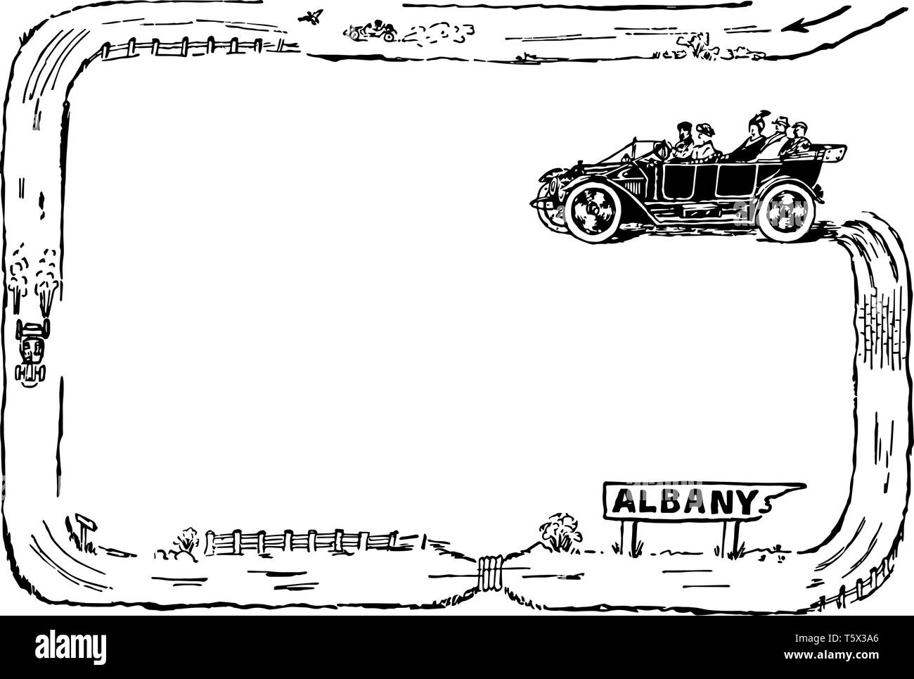 Location de frontière ont fait d'une route avec des voitures autour de zoom vintage dessin ou gravure illustration. Illustration de Vecteur