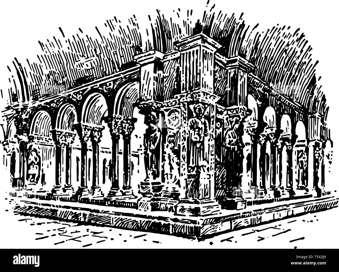 Cloître est murs de bâtiments et formant un quadrilatère cloître à une cathédrale ou l'église et continue d'avoir une solide barrière architecturale vintage li Illustration de Vecteur