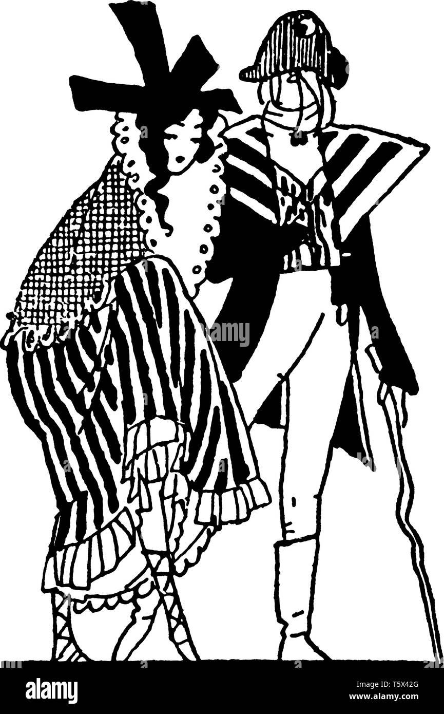 Un homme et une femme à marcher ensemble, vintage dessin ou gravure illustration Illustration de Vecteur