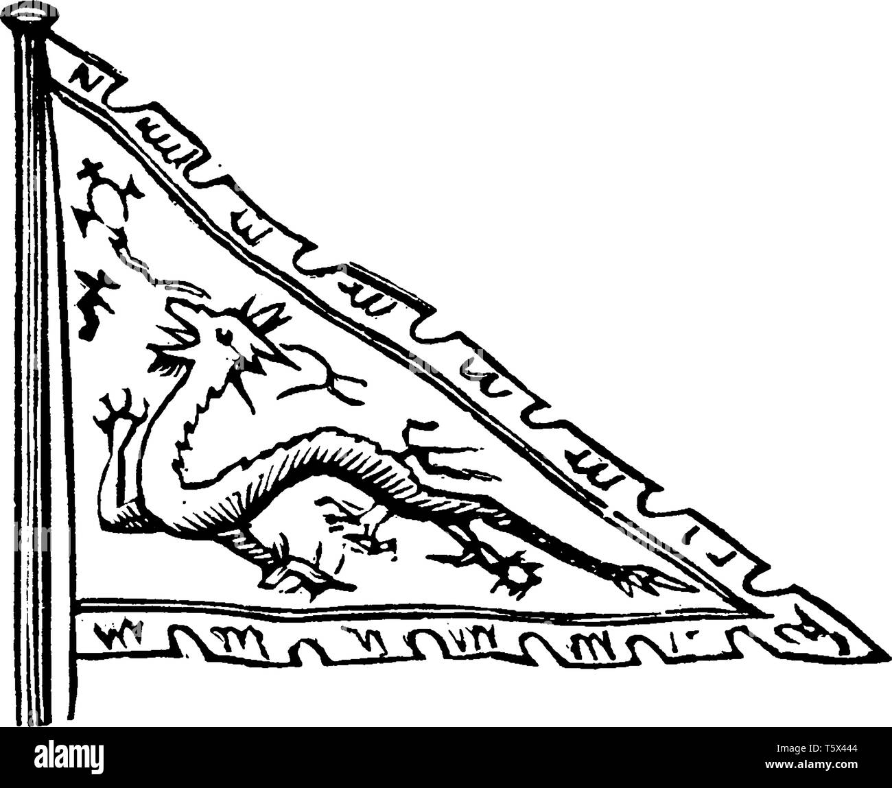 Pavillon de la Chine est un champ rouge facturés dans le canton avec cinq étoiles d'or, vintage dessin ou gravure illustration. Illustration de Vecteur