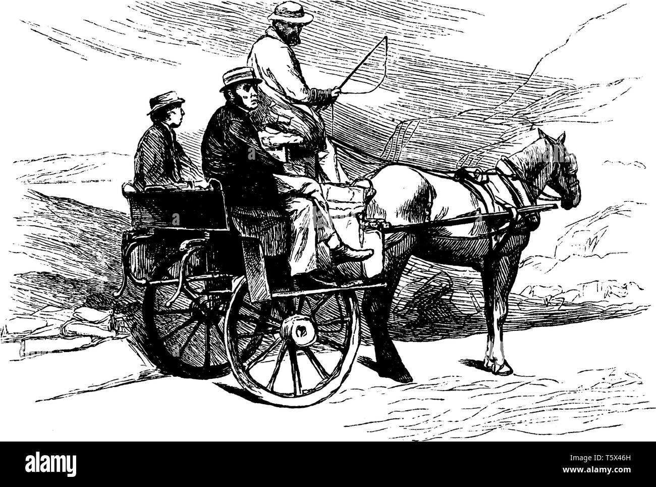 Jaunting voiture était un cheval léger à roues véhicule ouvert avec deux sièges placés longitudinalement, vintage dessin ou gravure illustration. Illustration de Vecteur