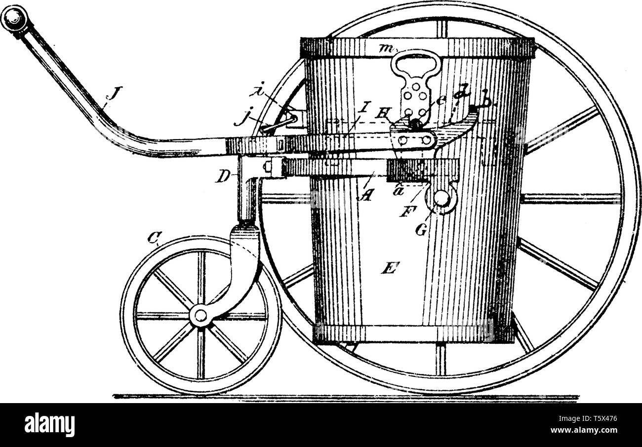Les deux roues chariot à roues pour l'objectif principal était de camion à ordures être déplacée par une personne qui a perçu les ordures, vintage line drawi Illustration de Vecteur