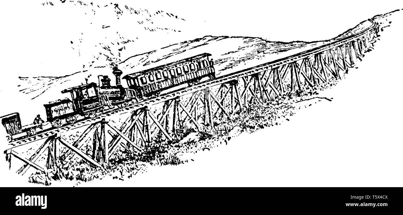 Railroad au Mont Washington peut aller dans un train ordinaire au pied de cette montagne, vintage dessin ou gravure illustration. Illustration de Vecteur