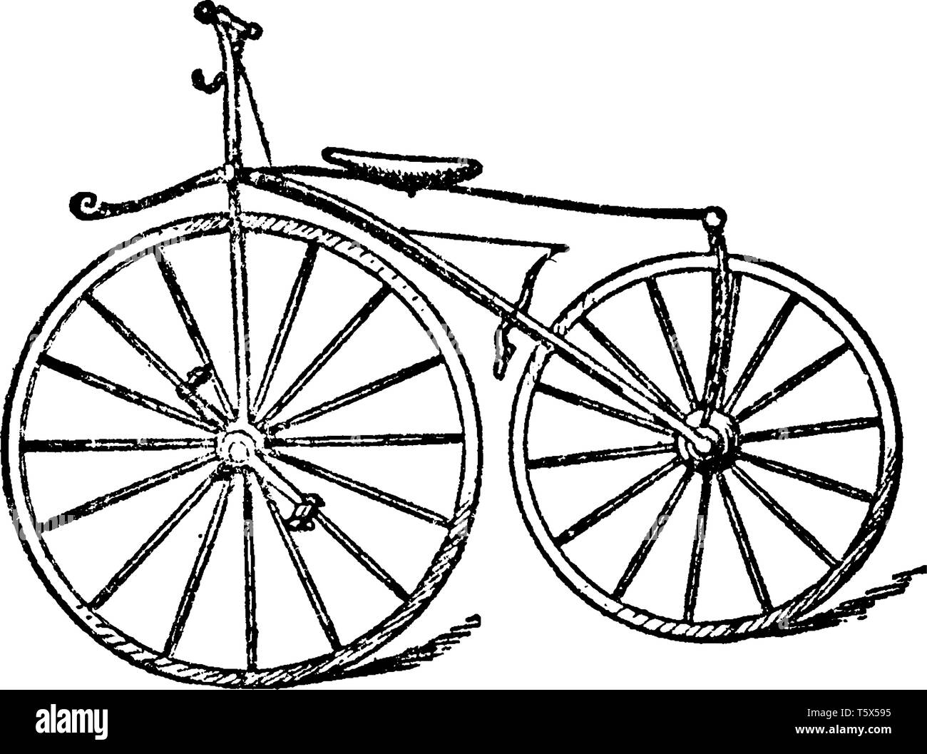 Boneshaker Location est un nom utilisé depuis environ 1869 jusqu'à l'heure actuelle pour désigner le premier type de vrai vélo avec pédales, vintage dessin Illustration de Vecteur