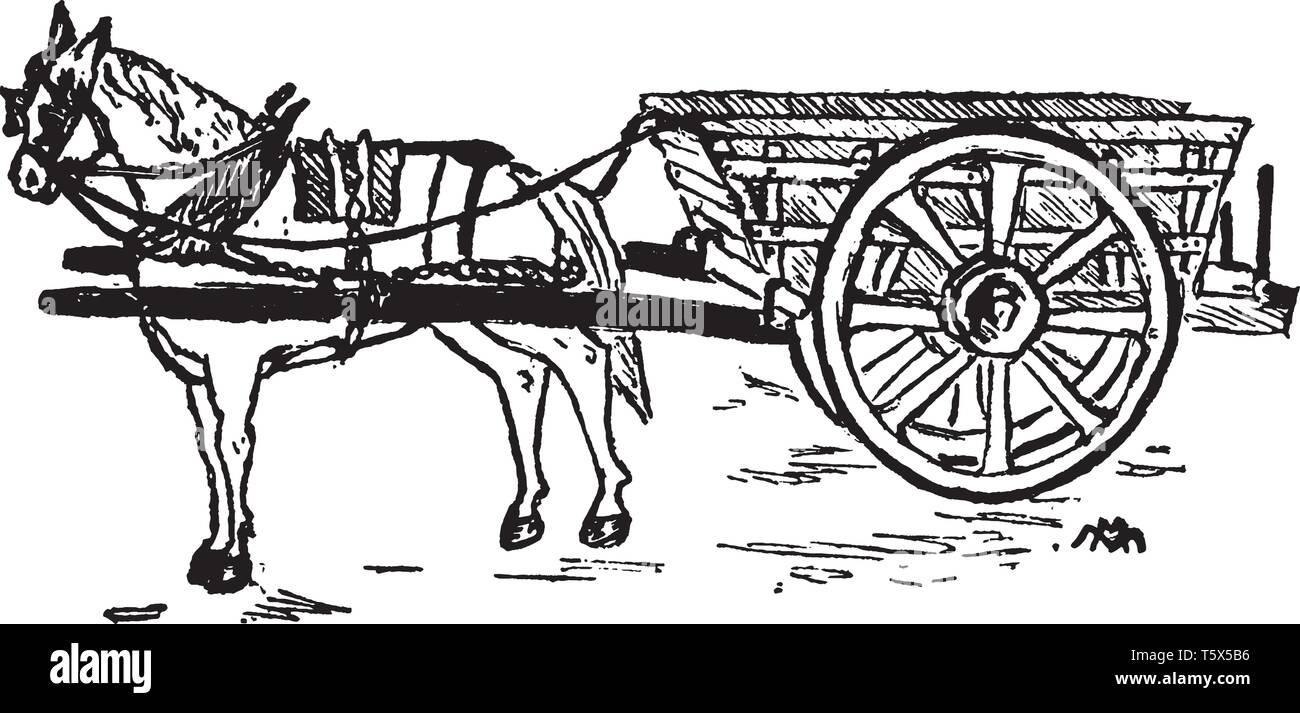 Cheval et panier où un véhicule tiré par des chevaux est une pièce d'équipement mécanisé tracté par un cheval ou par un attelage de chevaux, vintage ou dessin de ligne engr Illustration de Vecteur