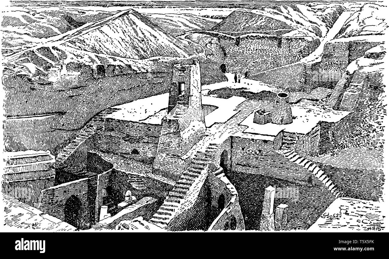 Fouilles à Nippour où ville figurant un imposant temple, vintage dessin ou gravure illustration. Illustration de Vecteur