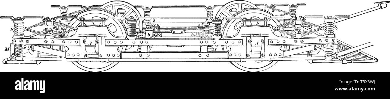 Seul Camion ont quatre roues et un moteur unique sur chaque essieu tenir une ligne de tramway, vintage ou dessin gravure illustration. Illustration de Vecteur