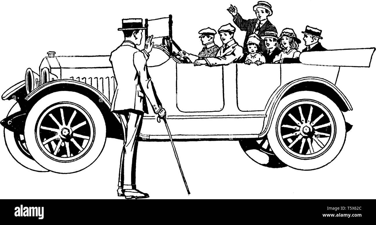 Dans la famille d'accueil de voiture un homme debout sur la route, vintage dessin ou gravure illustration Illustration de Vecteur