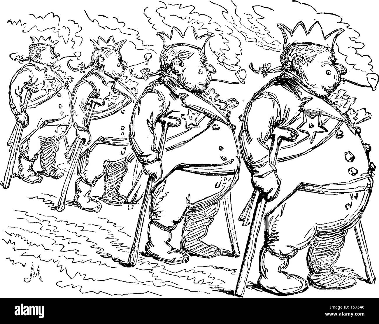 Quatre officiers de l'armée se tenant dans la ligne et fumant une pipe, vintage dessin ou gravure illustration Illustration de Vecteur