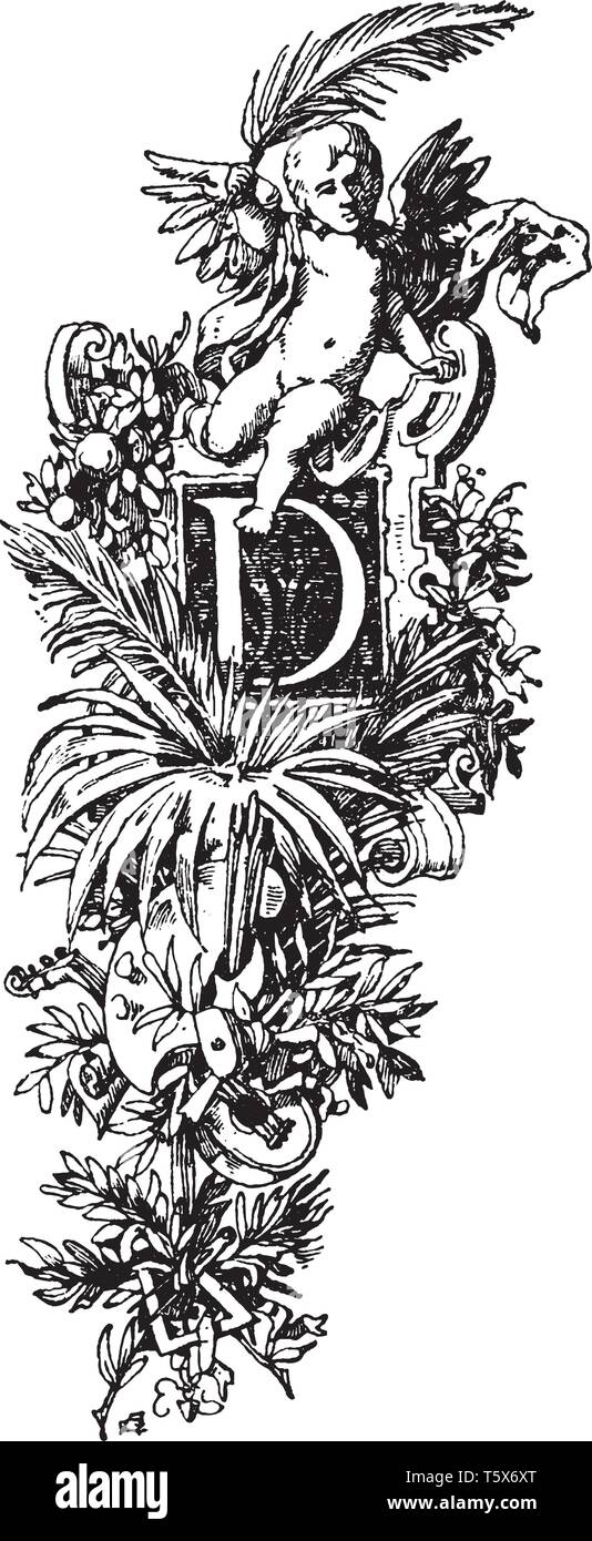 Une Lettre Majuscule D Avec Bebe Ange Vintage Dessin Ou Gravure Illustration Image Vectorielle Stock Alamy