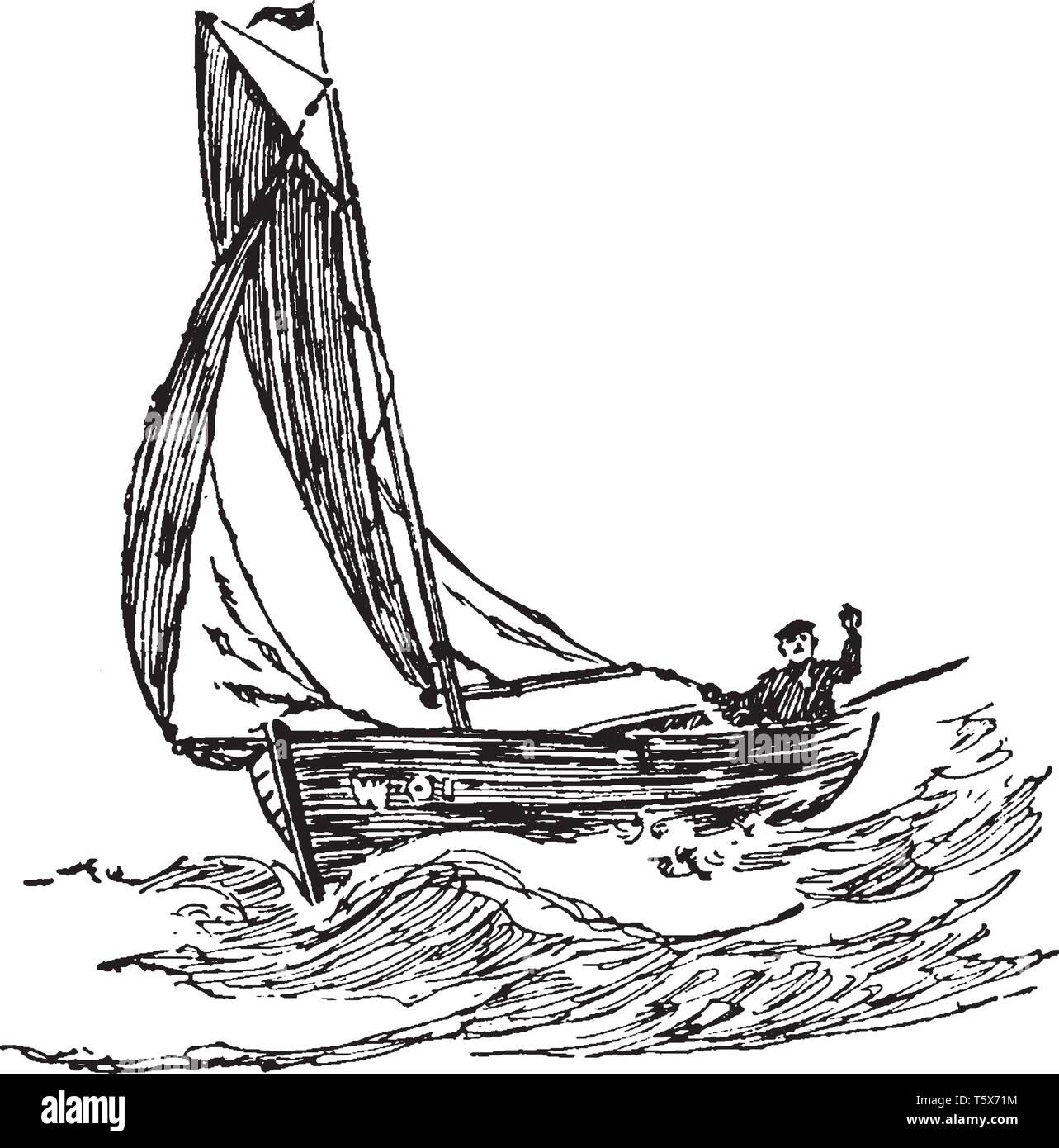 Bateau de pêche utilisé pour pêcher dans la mer ou sur un lac ou une rivière, vintage dessin ou gravure illustration. Illustration de Vecteur