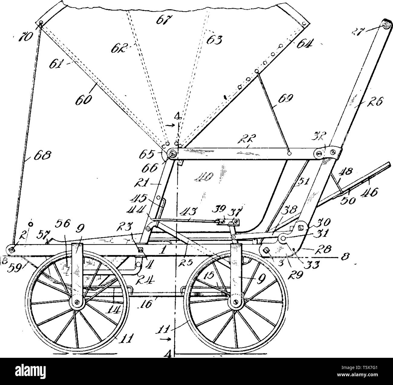 Panier chariot à quatre roues en particulier une voiture de chevaux souvent d'un design élégant, vintage dessin ou gravure illustration. Illustration de Vecteur