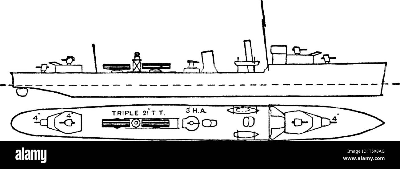 Les Destroyers de la Marine royale britannique et les dirigeants de la flottille Battleship progressivement augmenté de taille et de puissance et les exigences de la guerre continuellement ajoutées à l'weig Illustration de Vecteur