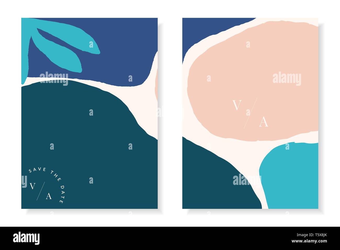 Des modèles modernes et élégantes avec des formes abstraites en bleu et rose pastel avec du texte. Collage abstrait contemporain invitations de mariage, Illustration de Vecteur