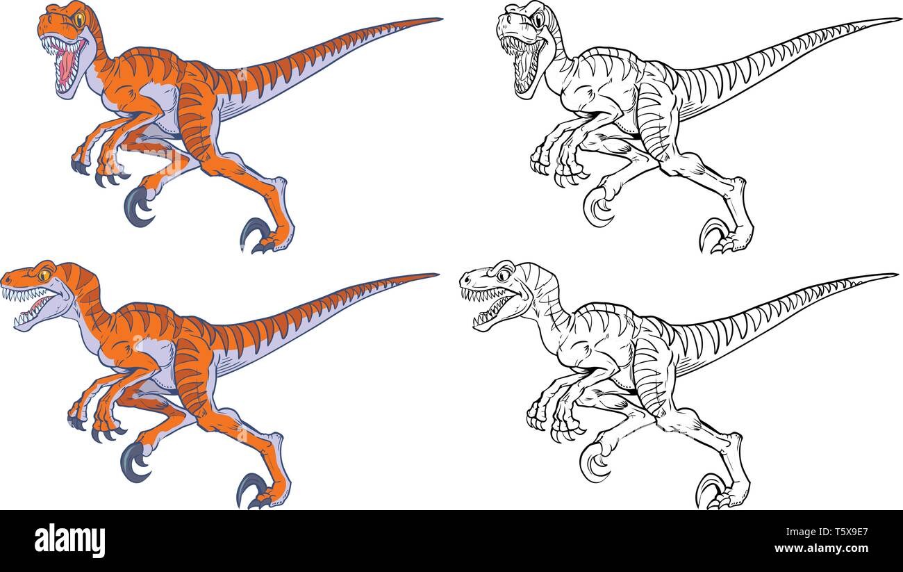 Vector cartoon clip art illustration de la difficulté d'exécution signifie dinosaure mascot définir avec la tête de côté et vue de face. En couleur et noir un Illustration de Vecteur