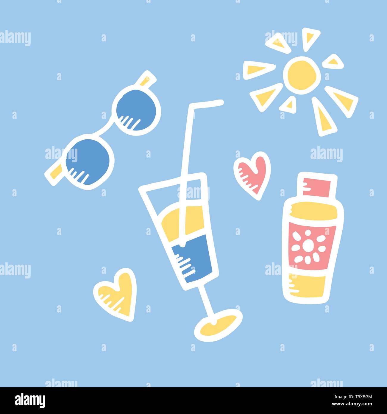 Ensemble de symboles d'été à doodle style. Hand drawn vector éléments voyage isolé sur fond bleu. Illustration couleur. Illustration de Vecteur