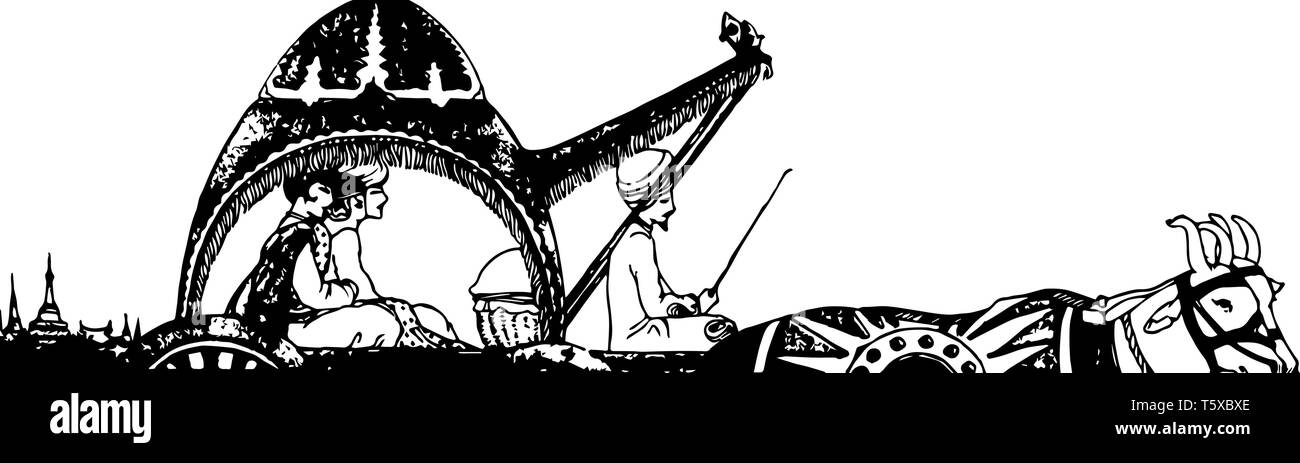 L'Exil de Rama cette scène montre trois personnes aller quelque part à cheval à l'homme conduisant un chariot panier vintage dessin ou gravure illustra Illustration de Vecteur