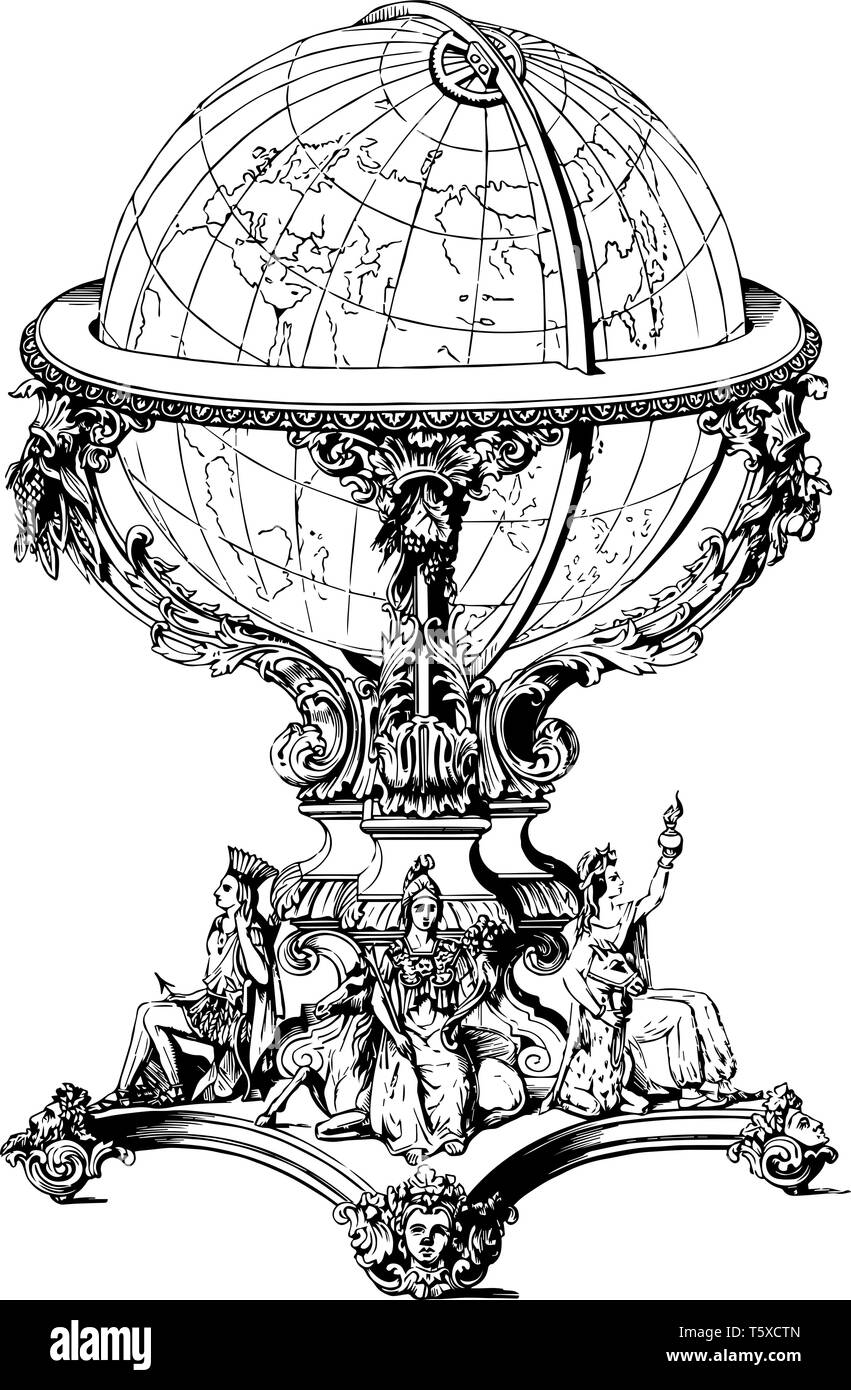 Globe est sculpté œuvre d'art, sciences de la terre, dessin de ligne vintage ou gravure illustration. Illustration de Vecteur