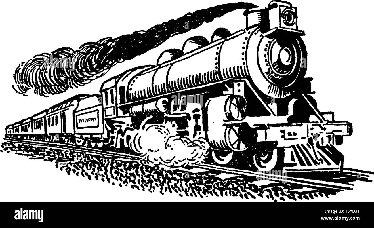 Train à vapeur est un type de locomotive de chemin de fer qui produit sa puissance de tire au moyen d'un moteur à vapeur, vintage dessin ou gravure illustration. Illustration de Vecteur
