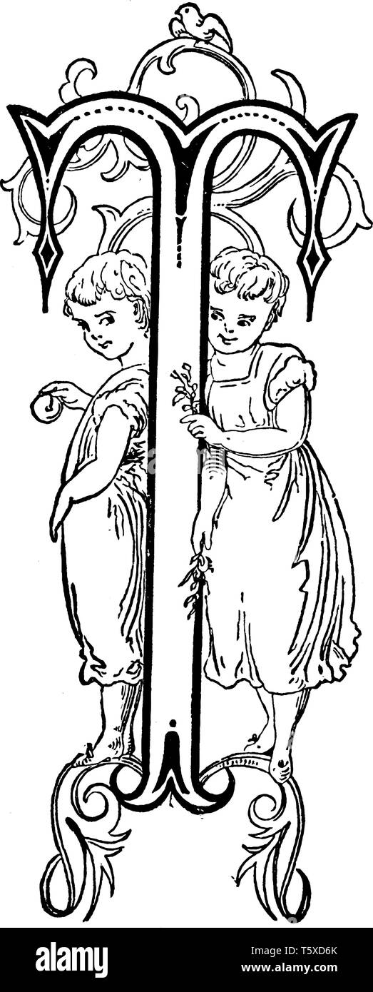 Une lettre majuscule T, avec deux personnes, vintage dessin ou gravure illustration Illustration de Vecteur